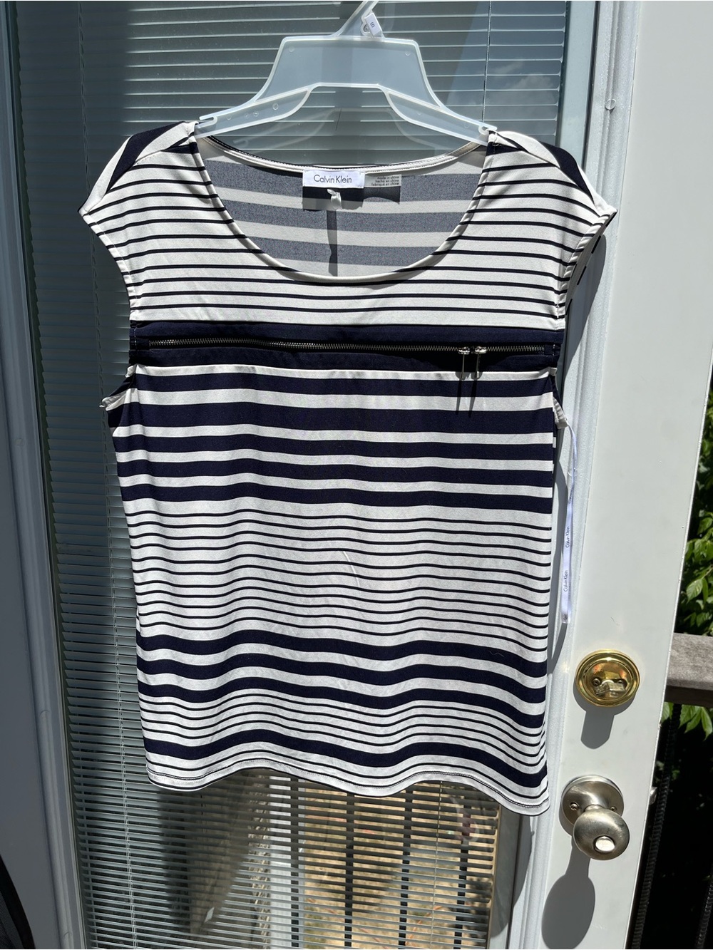 Calvin Klein Navy and White Striped Zip-Front Cap Sleeve Tee